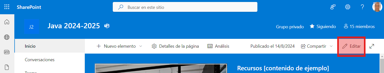 Barra de navegación de un sitio en SharePoint